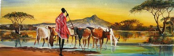 Coucher de soleil sur Herd de l’Afrique Peinture à l'huile